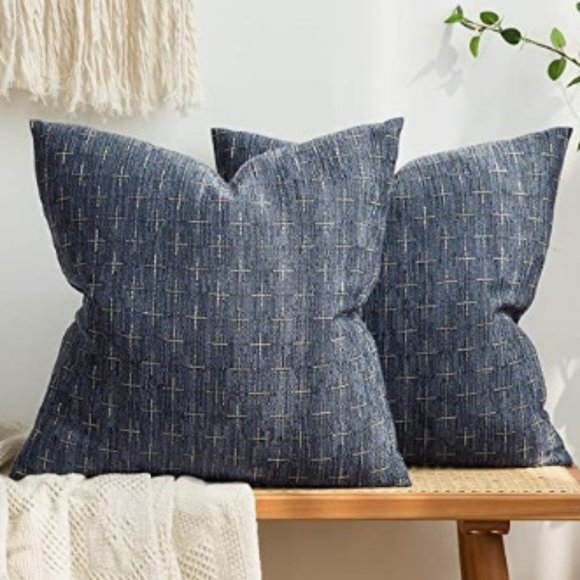 Other - 2 Decorative Burlap Linen Throw Pillow Covers, 18x18 Inch Blue